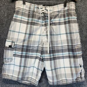 O'Neill Mens 34 Board Shorts White Plaid Cargo Surf Swimwear Trunks Beach Casual